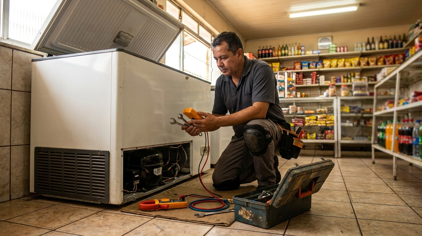 Técnico realizando manutenção de motor de freezer em Blumenau‑SC