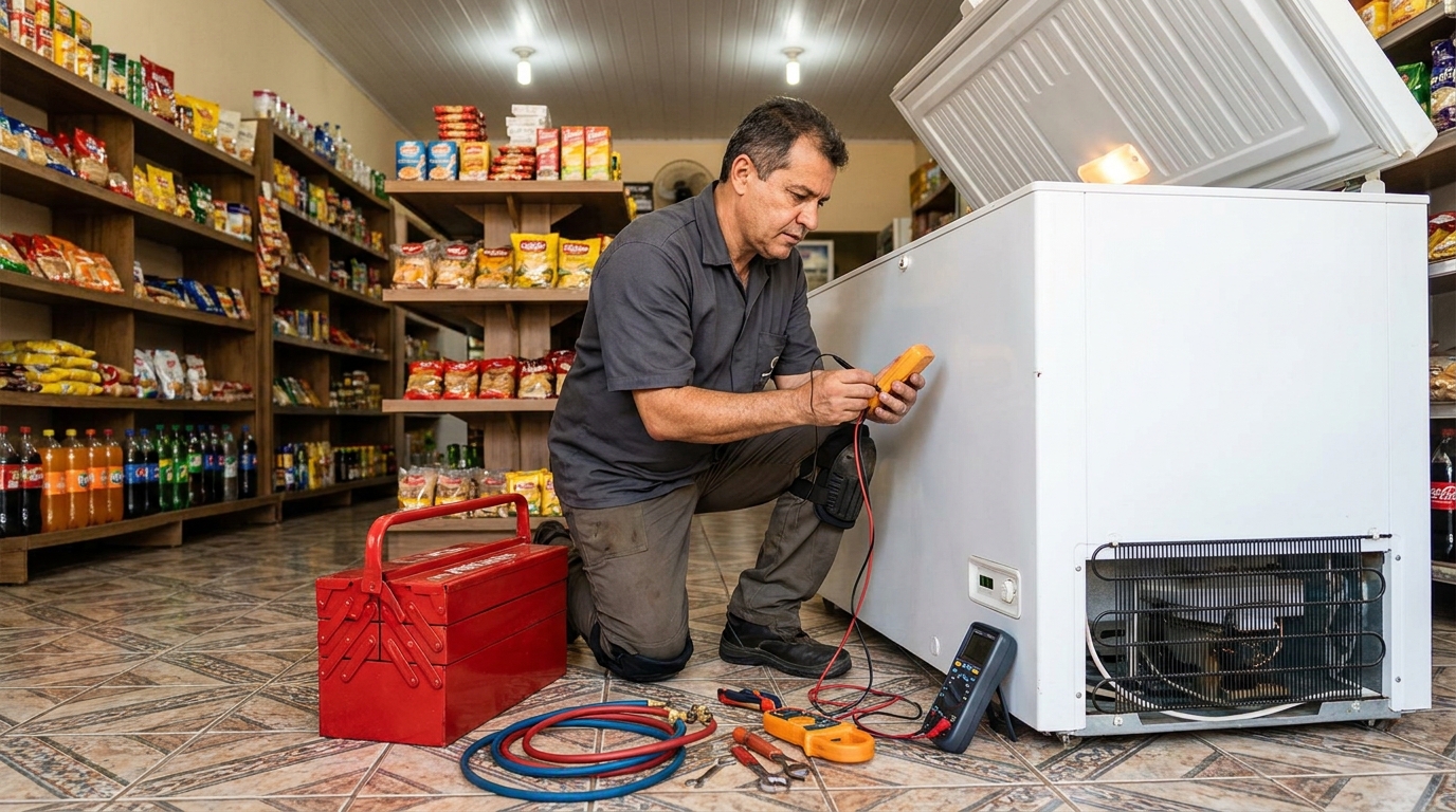 Recarga de gás refrigerante em freezer em atendimento em Blumenau‑SC