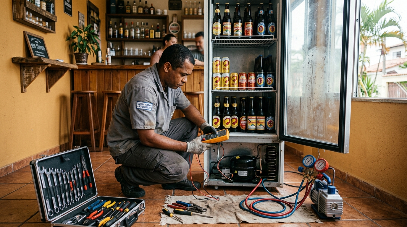 Troca de termostato de cervejeira em atendimento técnico em Blumenau‑SC